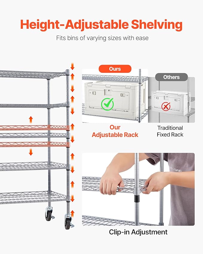VEVOR 5-Tier Rolling Bin Storage Rack, 16 Organizer Bins, Bin Rack Storage Steel Wire Shelving System with Wheels, Mobile Tool Organizer for Garage, Warehouse, Office, Restaurant, Classroom, Kitchen