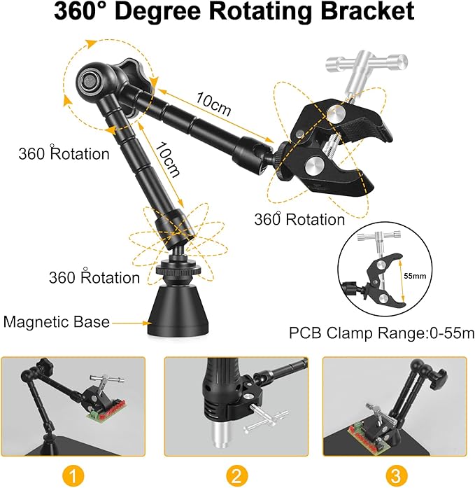 Magnetic Helping Hands Soldering Third Hand, PCB Circuit Board Holder with 3X LED Magnifying Lamp, 360 Hot Air Gun Holder, Extra Large & Heavy Duty Base Plate | Flexible Arms for Soldering Station