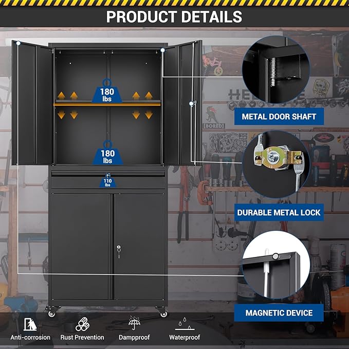 73" Metal Cabinet-Black Heavy Duty Rolling Storage Cabinet Steel Tool Cabinets with Wheels, Shelves, Lockable Doors and Drawers- for Garage, Pantry, Warehouse Home Office- Assembly Required