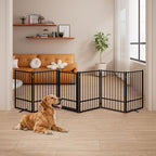 6 Panels Full Metal Freestanding Dog Gates with Door, 120” W x 32” H Folding Pet Gate Fence with Support Feet for Indoor,Stairs, Hallways and Doorways(Black)