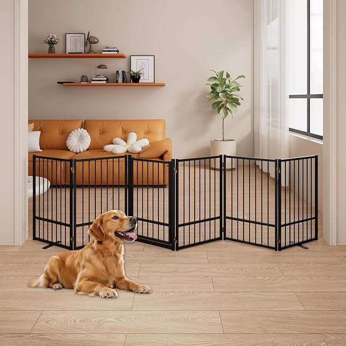 6 Panels Full Metal Freestanding Dog Gates with Door, 120” W x 32” H Folding Pet Gate Fence with Support Feet for Indoor,Stairs, Hallways and Doorways(Black)