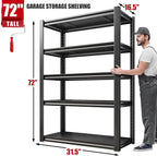 Raybee Storage Shelves 2000LBS Garage Shelving Heavy Duty, 5-Tier Adjustable Garage Shelves, Metal Shelving for Garage, Basement, Warehouse, Pantry, 72" H x 31.5" W x 16.5" D, 2PC, Black