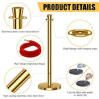kaiyomi 4Pcs Stanchions with Red Velvet Ropes Set, 5 Feet Velvet Ropes and Posts Poles for Red Carpet Party Decoration and 360° Photo Booth (Golden)