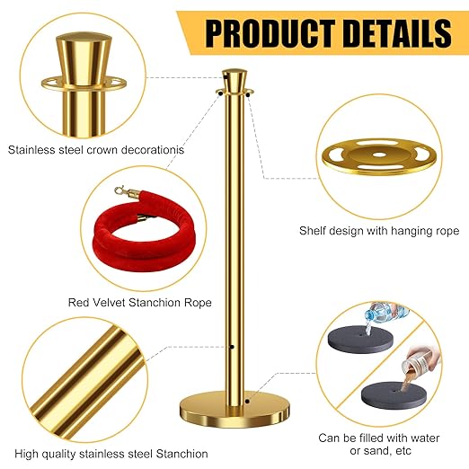 kaiyomi 8Pcs Stanchions with Red Velvet Ropes Set, 5 Feet Velvet Ropes and Posts Poles for Red Carpet Party Decoration and 360° Photo Booth (Golden)