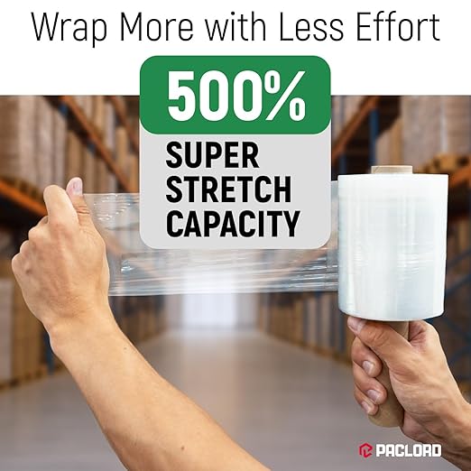 5" x 1000' Industrial Strength Mini Stretch Wrap with Extended Core Handles, Ready to Use Pack of 4 Clear Stretch Film Rolls, 80 Gauge, 500% Elongation - Shrink Wrap for Moving, Packing