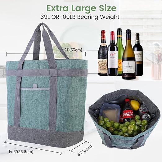 Insulated Reusable Tote Bag for Grocery Shopping for Women/Men, Waterproof Cooler Bags for Travel/Beach/Picnic, Pizza/Food Delivery Bag to Keep Food Cold/Hot for Catering (Oxford Cloth, Green)