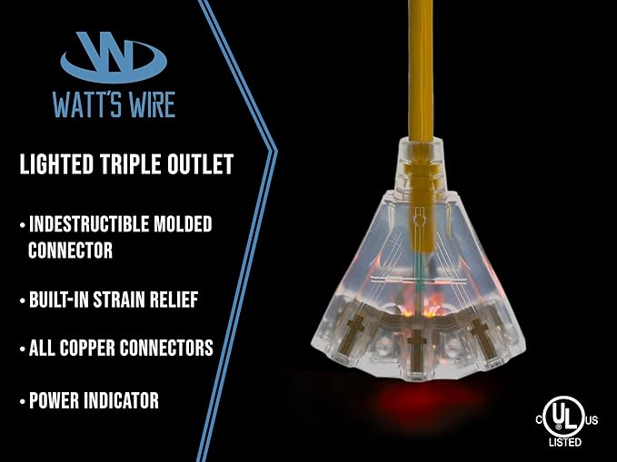 6 ft Short Outdoor Extension Cord Waterproof - 12 Gauge Heavy Duty Extension Cord Splitter Outdoor 6 ft - Lighted Outdoor Extension Cords with Multiple Outlets - Watts Wire - 6' Grounded