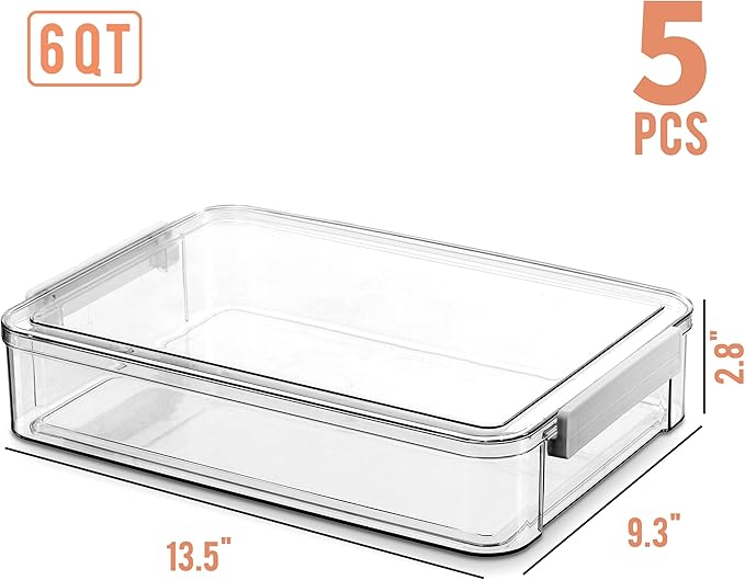 Citylife 5 PCS 6 Qt Plastic Storage Bins with Lids and Latches, Portable Project Case for Drawers, Clear Stackable File Box for Organizing A4 Paper, Letters, Documents, Art Supplies, and Crafts