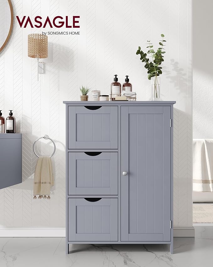 VASAGLE Floor Storage Cabinet, Freestanding Storage Unit with 3 Drawers, 1 Adjustable Shelf, for Bathroom Living Room Dining Kitchen, 11.8 x 23.6 x 31.5 Inches, Dove Gray UBBC049G02