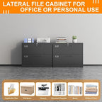 Lateral File Cabinet, Metal Filing Cabinet with Lock, 2 Drawer File Cabinets for Home Office, Office Cabinet for Hanging Files Letter/Legal/F4/A4, Assembly Required, Black