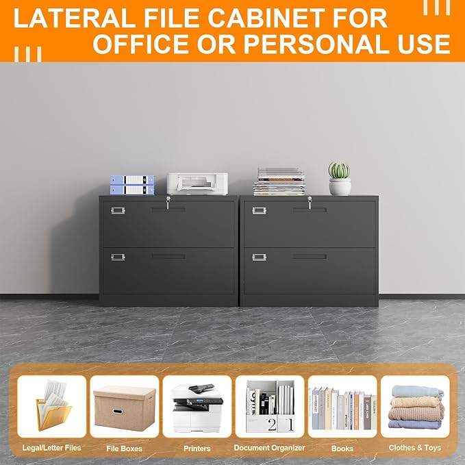Lateral File Cabinet, Metal Filing Cabinet with Lock, 2 Drawer File Cabinets for Home Office, Office Cabinet for Hanging Files Letter/Legal/F4/A4, Assembly Required, Black