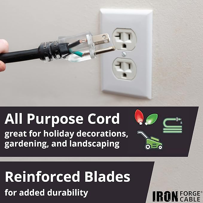 Iron Forge Cable 10 Gauge Extension Cord 50 ft with 3 Outlets, SJTW 10/3 Heavy Duty Outdoor Extension Cord with Multiple Outlets, 3 Way Black Electrical Wire for Major Appliance & Air Conditioner