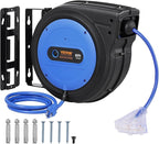 VEVOR 65FT Retractable Extension Cord Reel, 12AWG/3C SJTOW Heavy Duty Power Cord w/Lighted Electrical Triple Tap Outlets, 15A Circuit Breaker,180° Swivel Bracket for Workshop or Garage, Blue