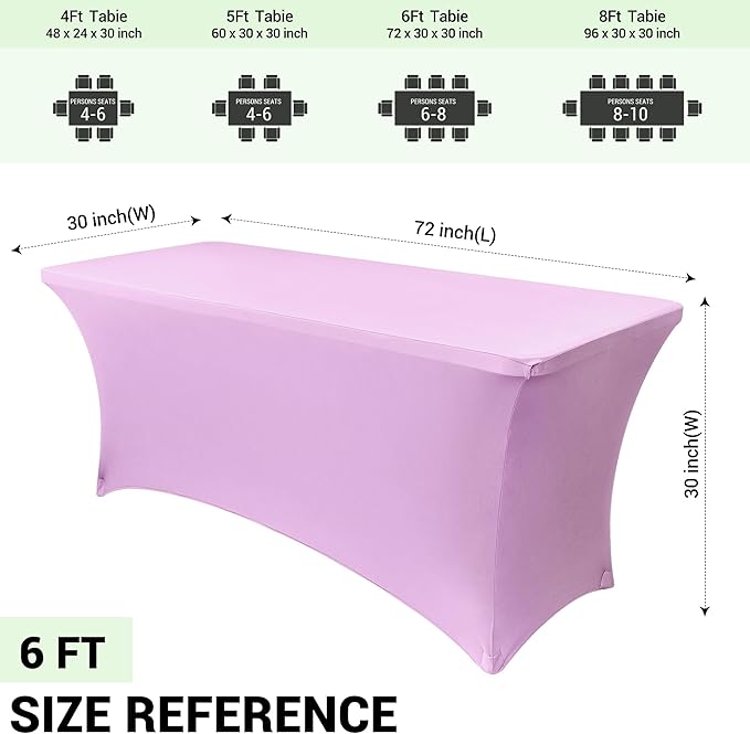 Obstal 6 Pack Stretch Spandex Table Covers for 6 Foot Tables - 6 FT Universal Rectangular Fitted Tablecloth Protector for Wedding, Banquet, Party, 72 Length x 30 Width x 30 Height Inches, Light Purple