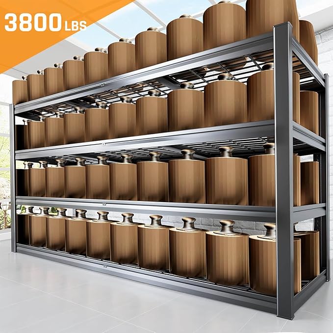77" W Storage Shelves Heavy Duty Garage Shelving, Metal Kitchen Shelving Unit, 4 Tier Adjustable Shelves, 3800LBS Steel Industrial Shelving for Basement, Commercial, 77" W*24" D*72”H, Black