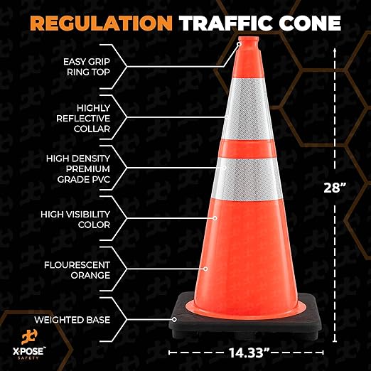Xpose Safety 28" Orange Traffic Cones with 6" & 4" Collars, 48-Pack – PVC Safety Cones for Parking, Soccer, Construction, Kids & Caution – DOT Approved – Optional Stencil Available