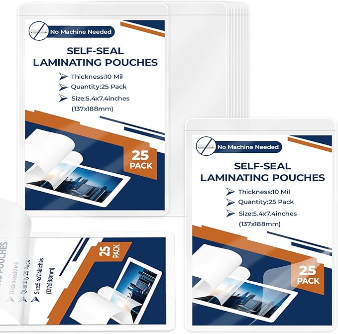 25 Pack 10 Mil 5"x7" Self Sealing Laminating Pouches Self Adhesive Lamination Pouches Clear Laminate Sheets for Photos Office School(No Heat Laminating Sheets & No Laminator Machine Need)