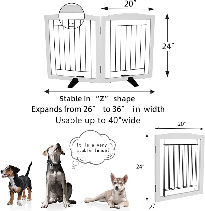 Dog Fence Indoor - 2-Panel Freestanding Dog Gate for Doorways, Hallways, House or Stairs -40x24-Inch Retractable Foldable Expandable Wood Pet by SFJC (White) ﻿