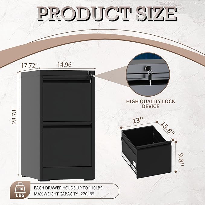 File Cabinet, 2 Drawer File Cabinet with Lock, Steel Vertical Filing Cabinets for Home Office, Heavy Duty File Storage Cabinet for Legal/Letter/A4 Documents, Easy to Assemble, Black