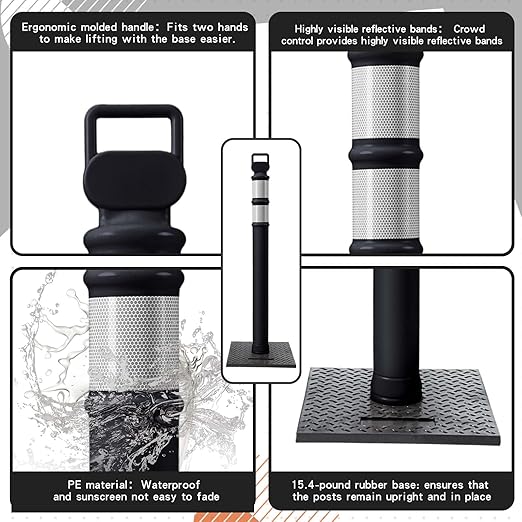 Kanayu 49 Inch Traffic Delineator Posts with 8.8 Lbs Rubber Base PE Delineator Post Portable Parking Pole Traffic Cone Barrier with Removable Base, Reflective Band(4 Packs,Black)