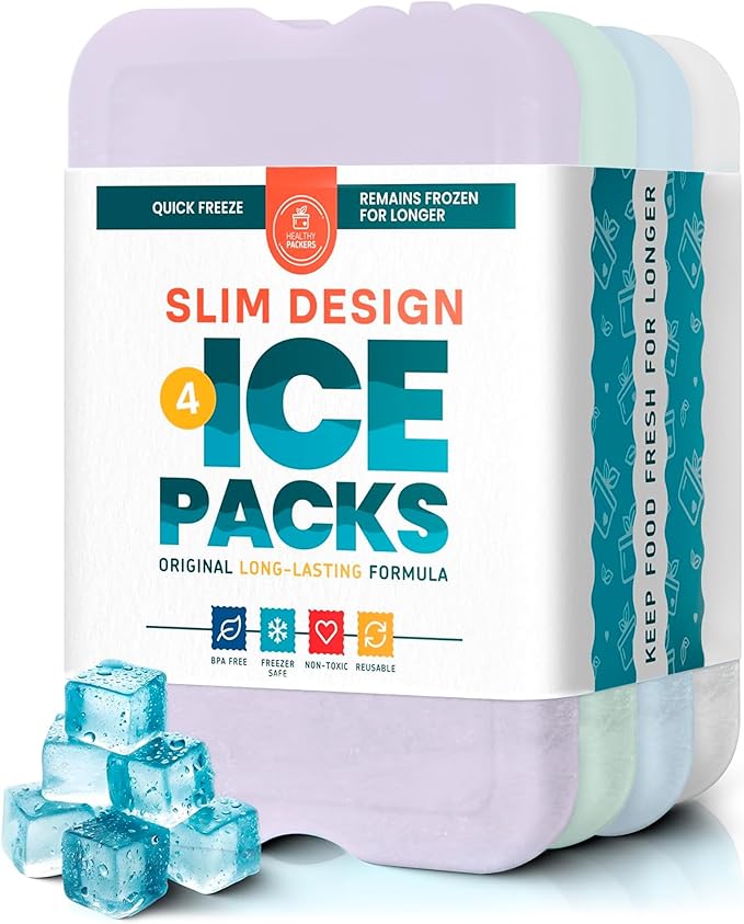Healthy Packers Reusable Ice Packs for Lunch Boxes - Long Lasting Slim Freezer Packs, Thin Non-Toxic BPA-Free Hard Gel Ice Blocks for Coolers, Kids & Adults Lunch Bags, Travel, Camping, Food Storage