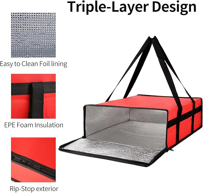 Bodaon Insulated Food Delivery Bag 16" x 16" x 6" – Compact Pizza Bag Holds Up to 3 Pizza Boxes, Foldable Thermal Carrier Cooler for Commercial Food Delivery Staff, Red