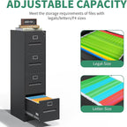 4 Drawer File Cabinet,Black Vertical File Cabinet with Lock for A4/Letter/Legal Size Files,Steel Filing Cabinets for Home Office,Assembly Required