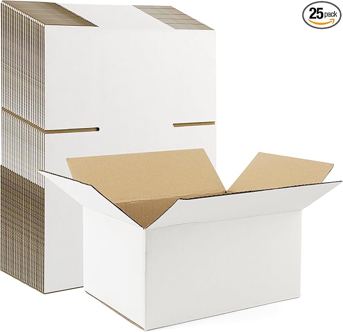 Frametory 10x7x5 Pack of 25 Corrugated Cardboard Packing Shipping Mailing Moving Carton Boxes, White