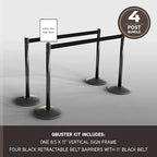 Qbuster Black Stanchions with Retractable Belts, Crowd Control Safety Barrier with 11’ Black Belts, 1 Sign Holder, Set of 4 Posts