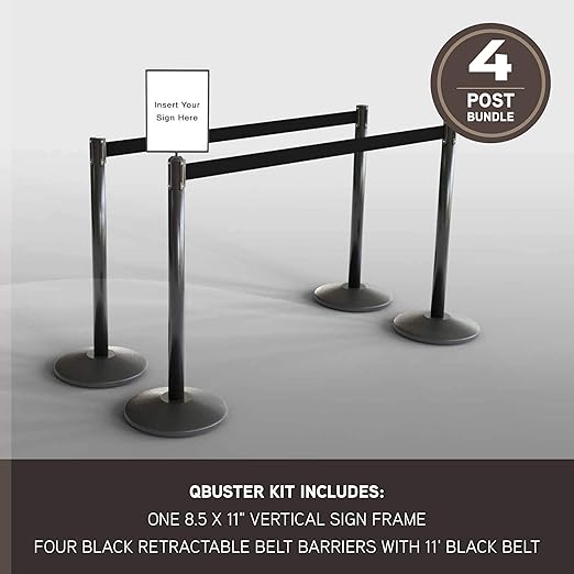 Qbuster Black Stanchions with Retractable Belts, Crowd Control Safety Barrier with 11’ Black Belts, 1 Sign Holder, Set of 4 Posts