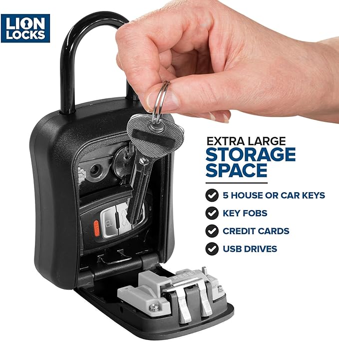 Lion Locks Lock Box - House Key Lockbox, Real Estate Lock Box with Combination, Car Key Safe - Waterproof, Easy Install, Black