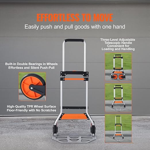 VEVOR Folding Hand Truck and Dolly, 275 Lbs Capacity, Aluminum Foldable Cart, Heavy-Duty Luggage Trolley Cart with Telescoping Handle and PP+TPR Wheels for Home, Office, Shopping, Travel