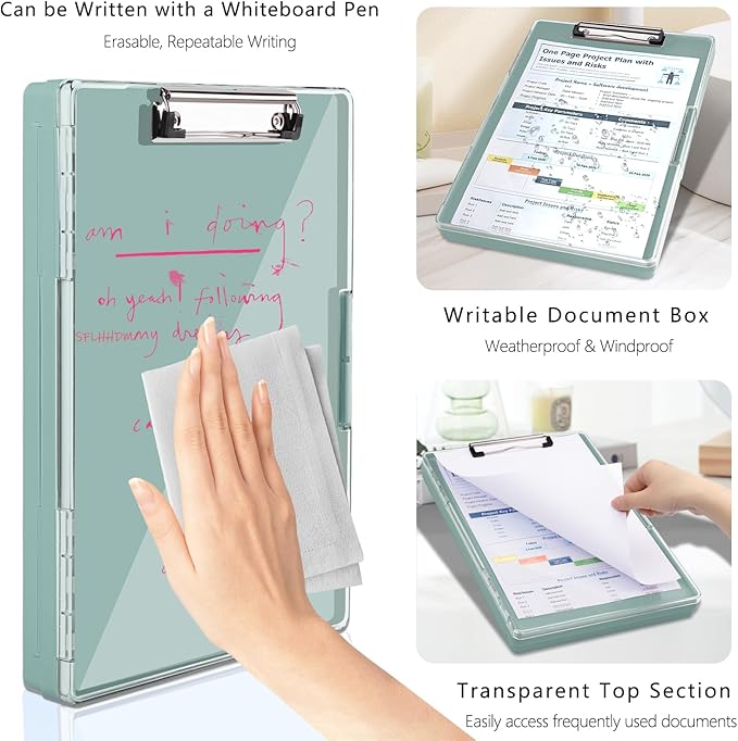Clipboard with Storage,Heavy Duty Clip Boards 8.5x11 with 2 Storage Case,Clear Visible Top Panel Storage Clipboards,Side Open Clip Boards,Nursing Clipboard Folder Case for Office Supplies-Dark Green