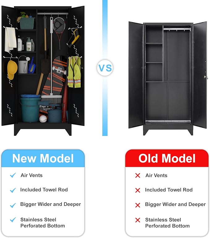 Metal Storage Cabinet with Locking Doors, 75" Tall Garage Cabinet with Hanging Rod, Broom Closet/Freestanding Bathroom Storage Cabinet, Cleaning Tool Storage