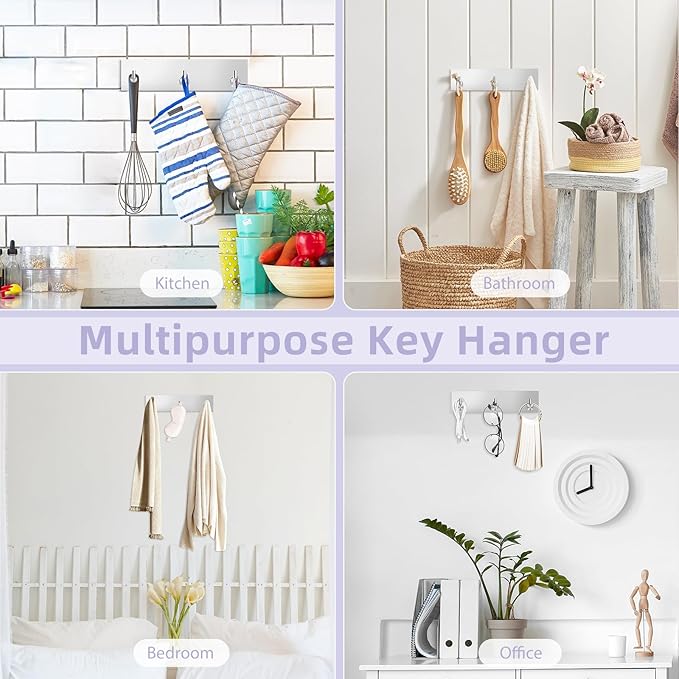 VIS'V Key Holder Wall Mount, Small Metal Self Adhesive Key Hanger with 3 Hooks, No Drilling, Extra Adhesive Strip, Silver