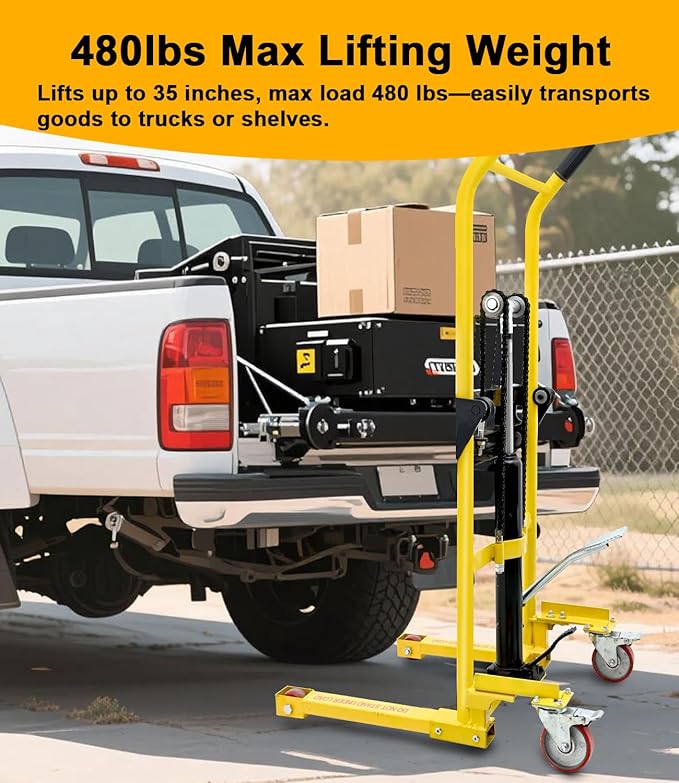 Foldable Hydraulic Material Lift, Pallet Jack Table Cart- 480-Lb. Capacity, 35in Lift. with Swivel Wheels, Steel Platform Board x 1