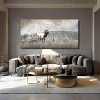 ZHENGYIN Extra Wide Panoramic Elk Canvas Wall Art,Western Deer Meadow Landscape Artwork, Neutral Misty Mountain Scene, Rustic Country Wall Decor for Great Room Living Room, Over Sectional, 29x58 Inch