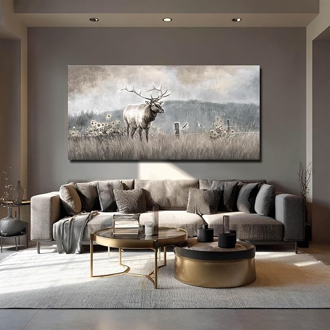 ZHENGYIN Extra Wide Panoramic Elk Canvas Wall Art,Western Deer Meadow Landscape Artwork, Neutral Misty Mountain Scene, Rustic Country Wall Decor for Great Room Living Room, Over Sectional, 29x58 Inch