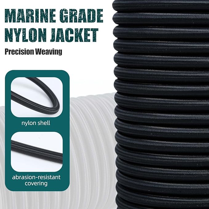 Strong and Durable Bungee Cord - 3/8" x 50ft Elastic Cord, Kayak Stretch String Rope, Bungee Shock Cords for Repairing Tent Poles, DIY, Tie Downs, Black