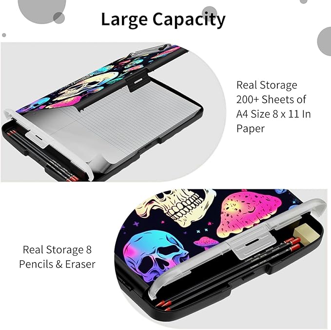 File Clipboard Storage with Pen Holder High Capacity Plastic Nursing Clipboards File Folder Storage Box Clipboard with Heavy Duty Clips for Teacher,Doctor,Offices-Mushroom Skull