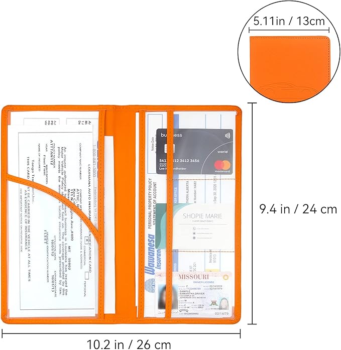 Car Registration and Insurance Holder, Premium Pu Leather Vehicle Glove Box Organizer - for Driver License, Cards & Essential Documents (L-Orange)