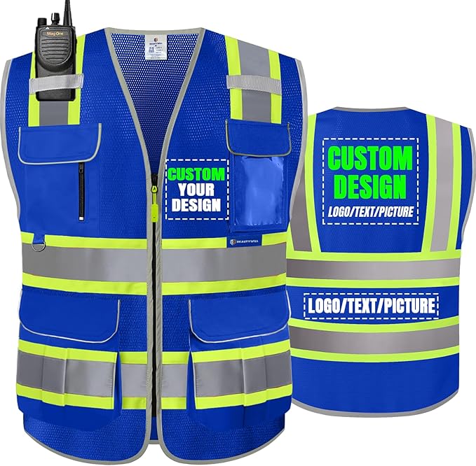 BeautyWill Custom Logo 10 Pockets Safety Vest Class2 ANSI Certified High Visibility Reflective Vest