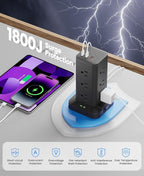 15-in-1 Power Strip Tower with Surge Protector 1800J, Fast Charging Tower PD20W USB-C Ports with 12 AC Outlets, 15ft Extension Cord for Home Office Dorm Room, Black