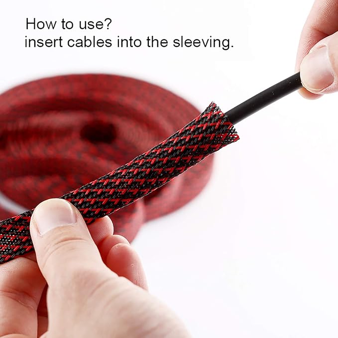 100ft - 1/4 inch PET Expandable Braided Sleeving – BlackRed – Alex Tech Braided Cable Sleeve