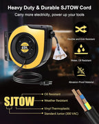Retractable Extension Cord Reel, 65FT 12AWG/3C SJTOW Heavy Duty Power Cord with Lighted Triple Outlets, 15A Circuit Breaker, 180° Swivel Removable Bracket for Wall/Ceiling Mount, UL Listed