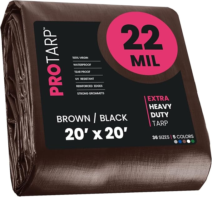 PROTARP Extreme Heavy Duty 22 Mil Tarp Cover, Waterproof, UV Resistant, Rip and Tear Proof, Poly Tarpaulin with Reinforced Edges for Roof, Camping, Patio, Pool, Boat. (Brown/Black 20′ X 20′)