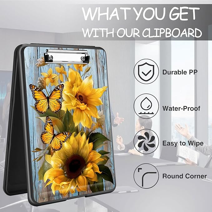 Clipboard with Storage, High Capacity Plastic Storage Clipboard with Low Profile Clip for Women Teachers Work, School & Office Supplies, Cute Pattern Decorative Clipboards, Sunflower Butterfly