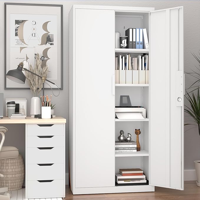 LUCYPAL Metal Garage Storage Cabinet with 2 Doors and 4 Adjustable Shelves - 70.8" Steel Locking Storage Cabinet,Garage Cabinets for Office,Home,Garage,Gym,School (White)