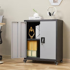 GREATMEET Metal Storage Cabinet with Locking Doors and Wheels,Garage Cabinet with Shelves for Home Office, Gym, School,Black+Grey