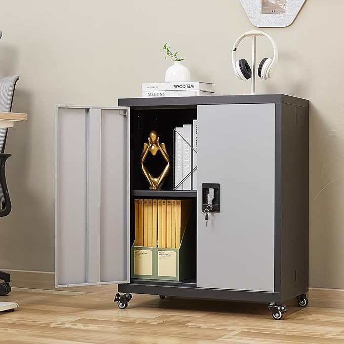 GREATMEET Metal Storage Cabinet with Locking Doors and Wheels,Garage Cabinet with Shelves for Home Office, Gym, School,Black+Grey